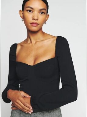 Reformation Black Viscose Rayon Long Sleeve Smocked Reign Top Sz. 10